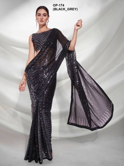 D.NO. OP 174(BLACK&GREY) BY LAXMINAM GEORGETTE SAREE MANUFACTURER IN INDIA